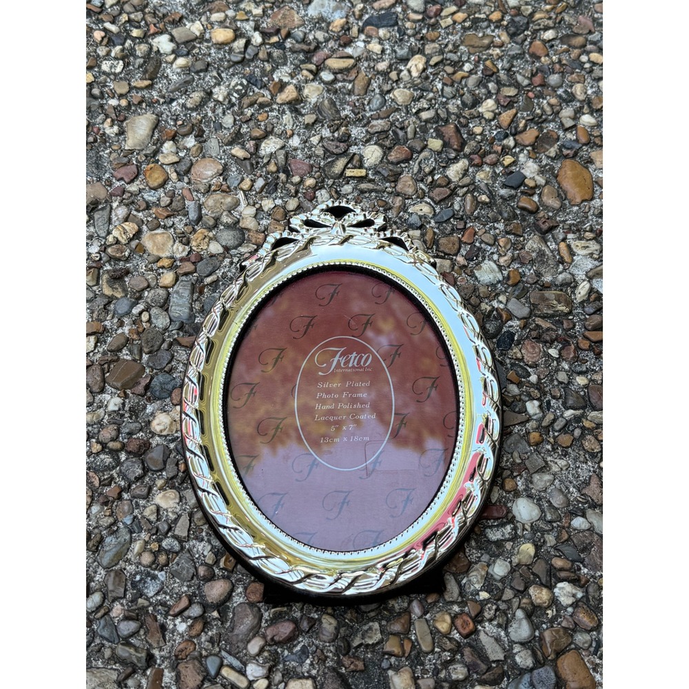 Fetco Silver Plated Oval Photo Frame 5x7 Braided Rope Bow Detail 63357S Vintage